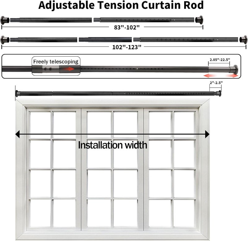 Hoople Tension Curtain Rod, No Drilling Tension Rods for Windows 83-123 Inch, Adjustable Pole Shower Curtain Rod, Non-Slip Telescoping Curtain Rods for Bathroom Patio Bedroom Laundry, Black - Image 3